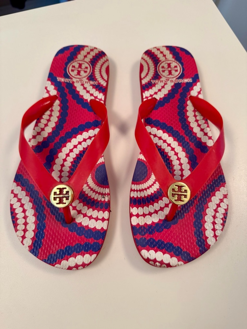 Tory Burch Flip Flops Sandals Red Blue Logo Thong Summer Beach Shoes Women